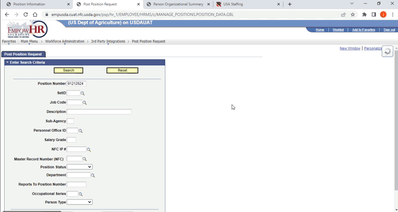 Figure 53: Post Position Request Tab - Enter Search Criteria Page